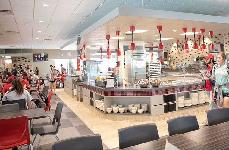 cypress dining room with students picking up and eating lunch