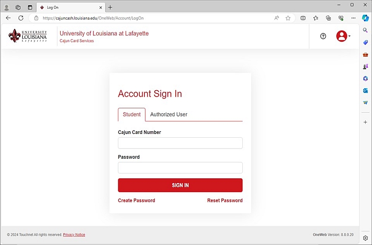 Photo of login screen for 1Card