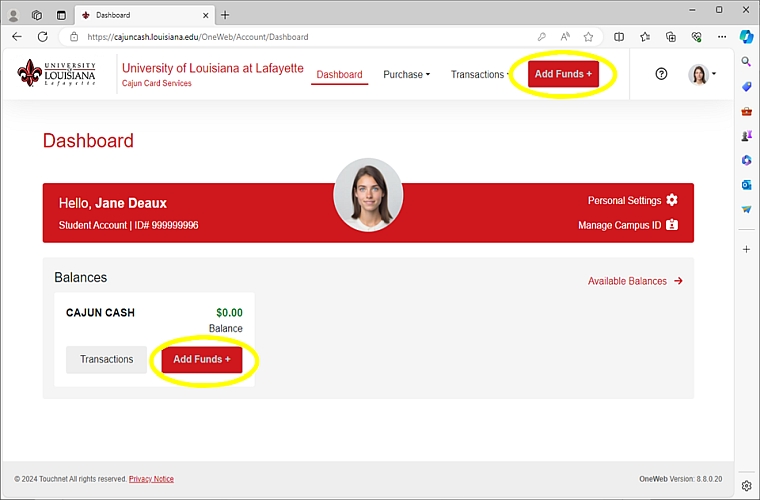 Photo of where to click to add funds on One Card screen