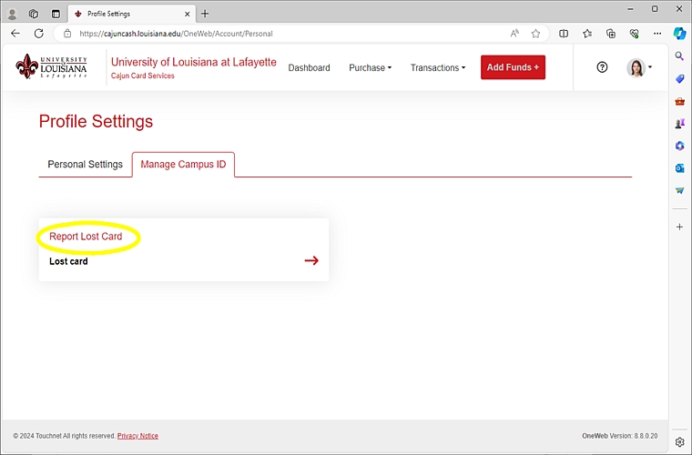 Screenshot of One Card showing wearing to click to deactivate Cajun Card
