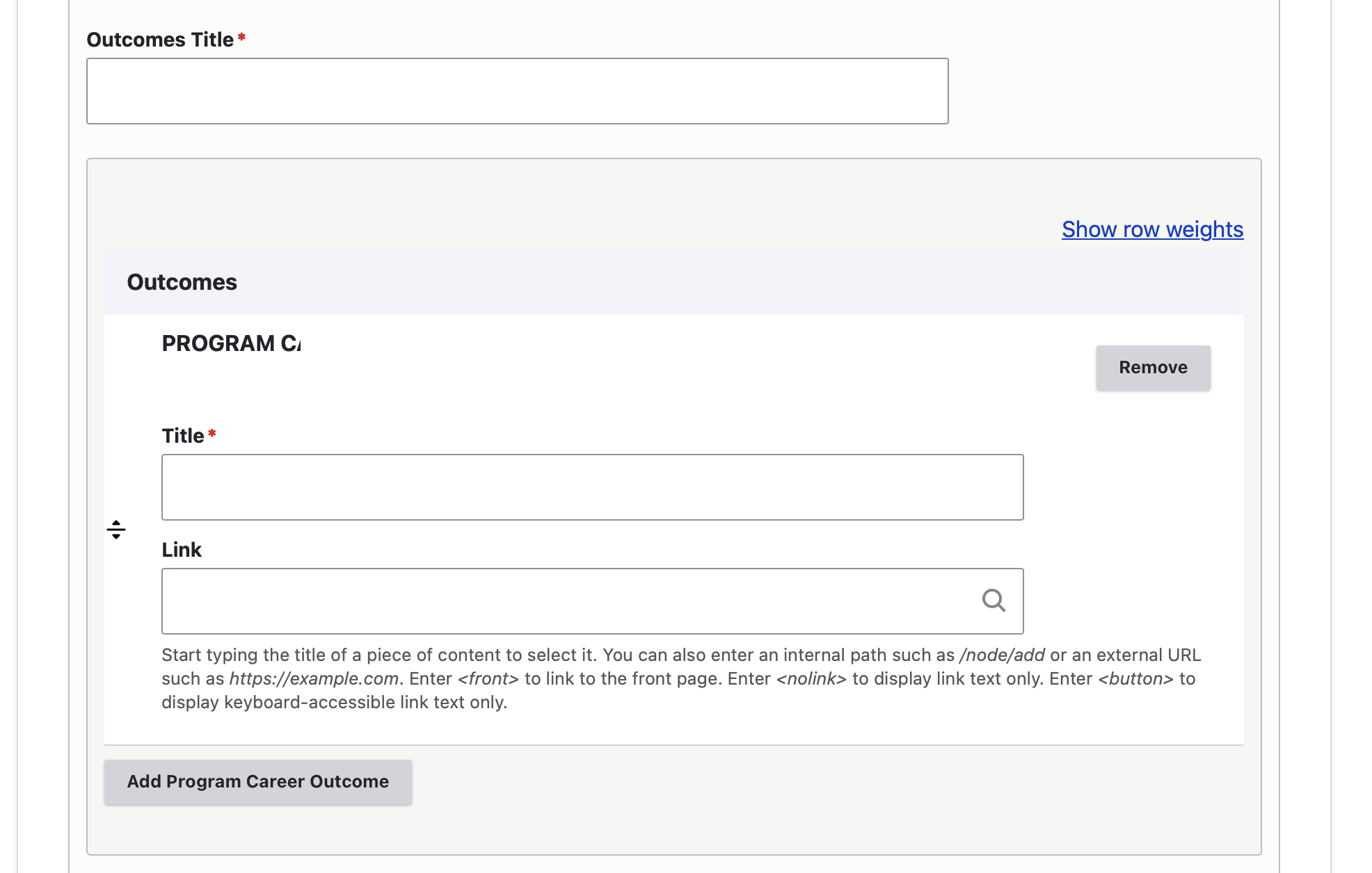 screenshot of backend: career outcomes