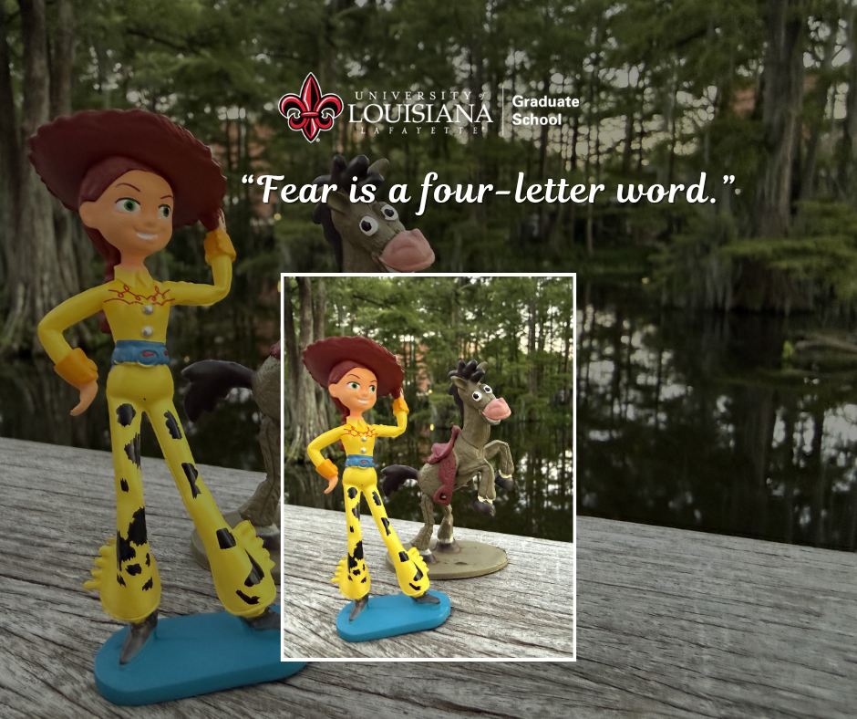 "Fear is a four-letter word." Jessie and her horse standing on ledge by the campus swamp