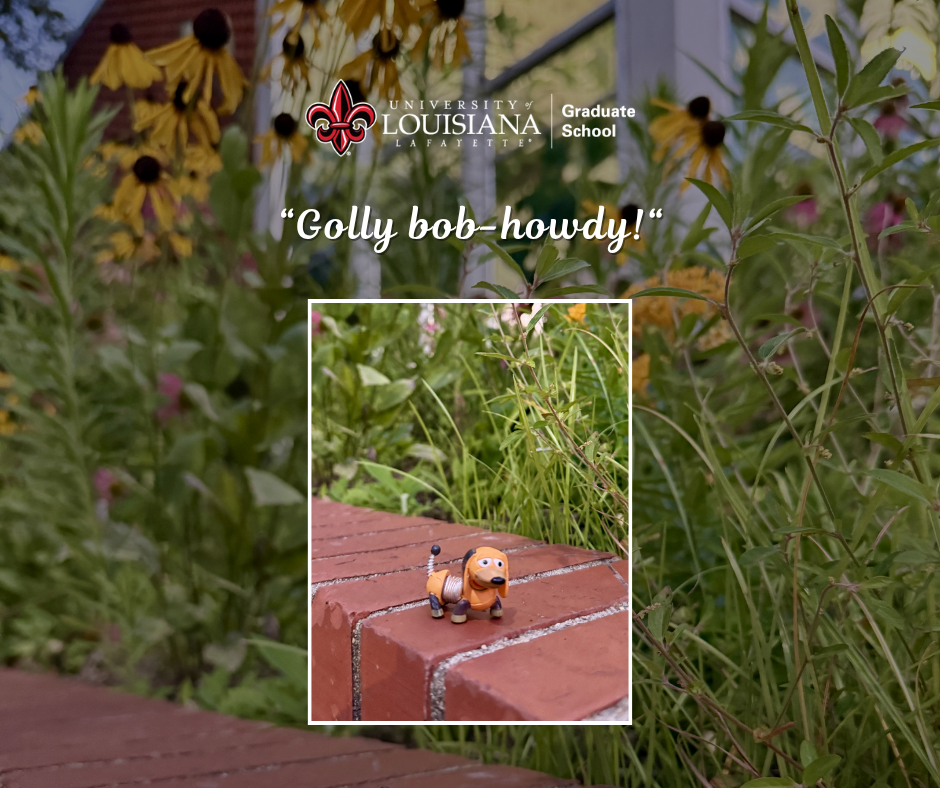 "Golly bob-howdy!" Slinky dog standing on a brick ledge on campus