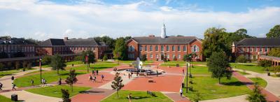 Aerial view of the University of Louisiana at Lafayette Quad with the fleur de lis statue and sidewalks