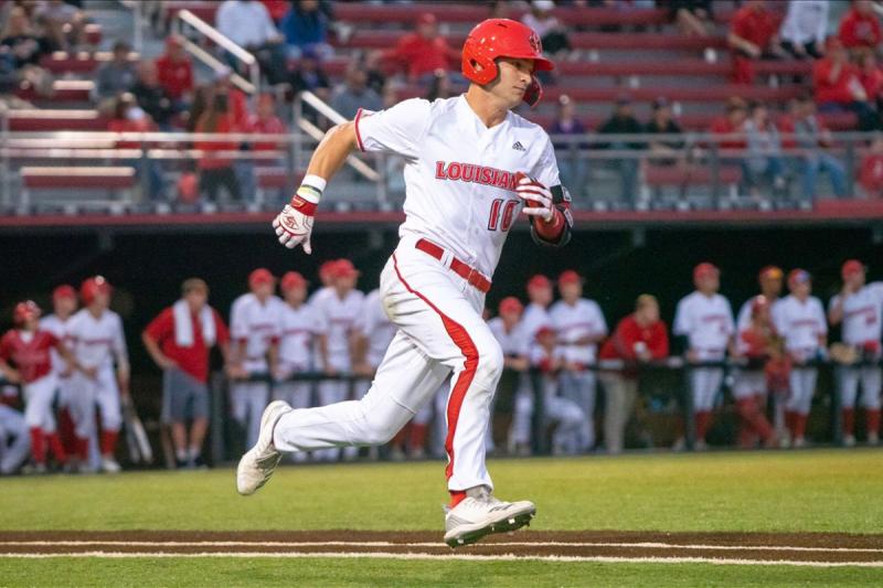 Louisiana Ragin' Cajuns student-athlete baseball player Alex Hannie rounds the bases at Russo Park