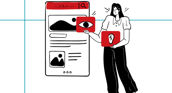 Black, white, and red illustration of a woman adding accessibility components to a website.