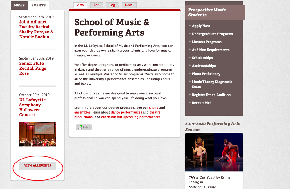 screenshot with circle around the button to view all events