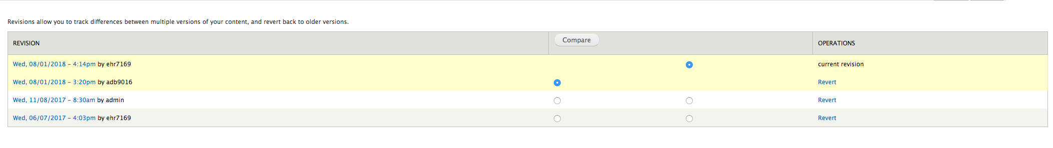 Screen shot of screen as it appears when you pull up Revisions tab
